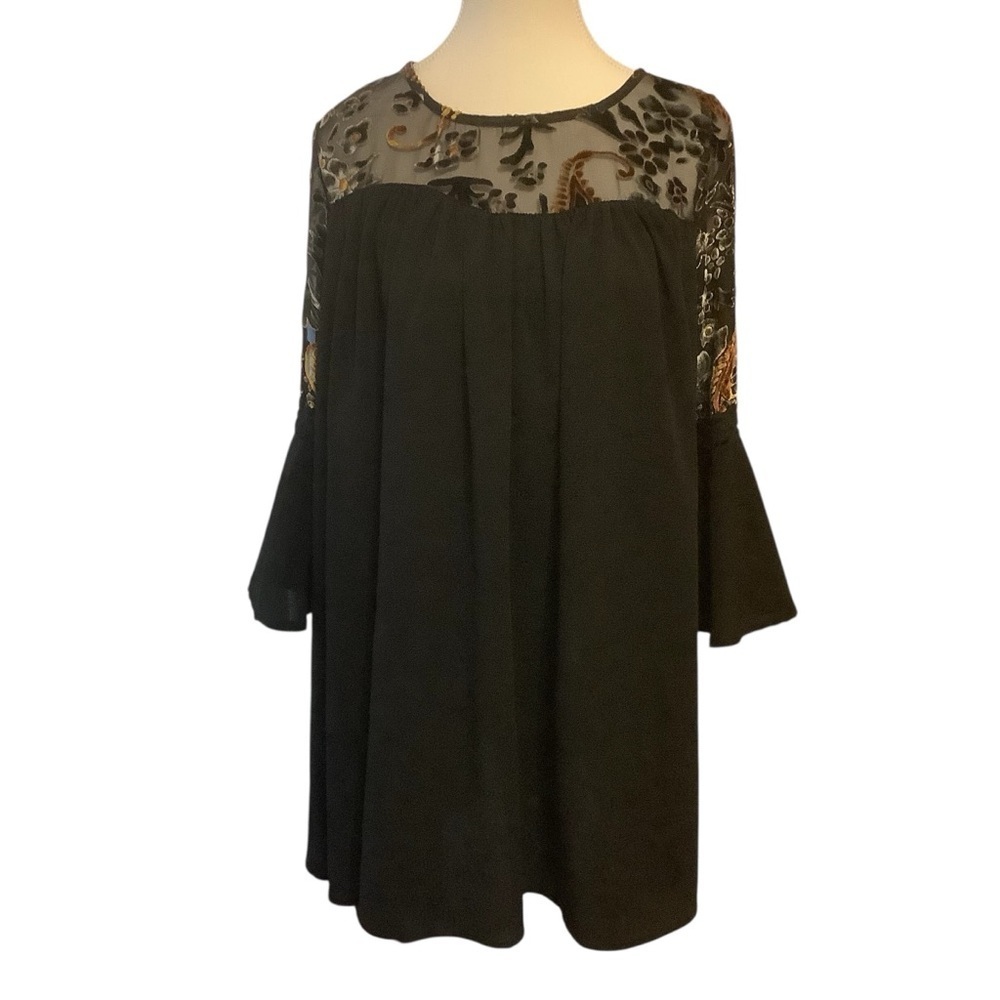 Umgee Black Boho Tunic Dress Floral Sheer Yoke Bell Sleeves Size S